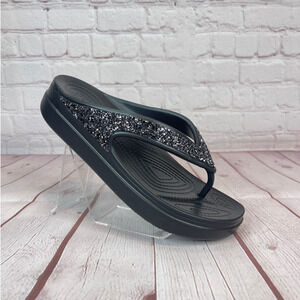 Crocs Sloane Glitter Black Wedge Thong Flip Flops Sandals Women’s Size 10